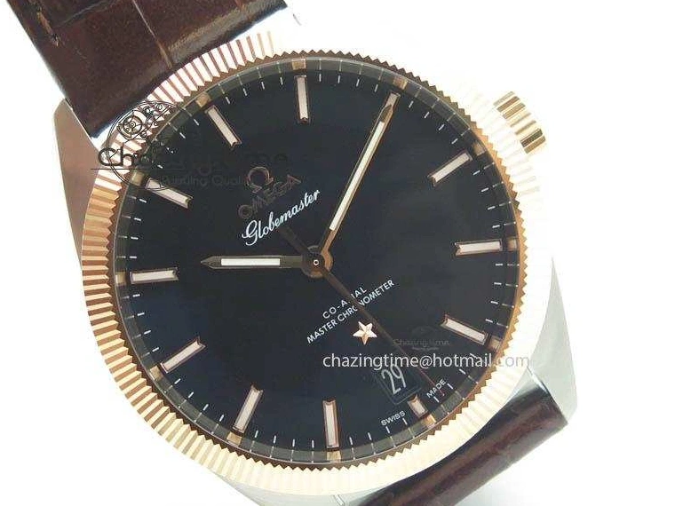 0214 Sporty Globemaster Master Chronometer SS RG V6F Best Edition Black Dial On Brown Leather Strap A 8270